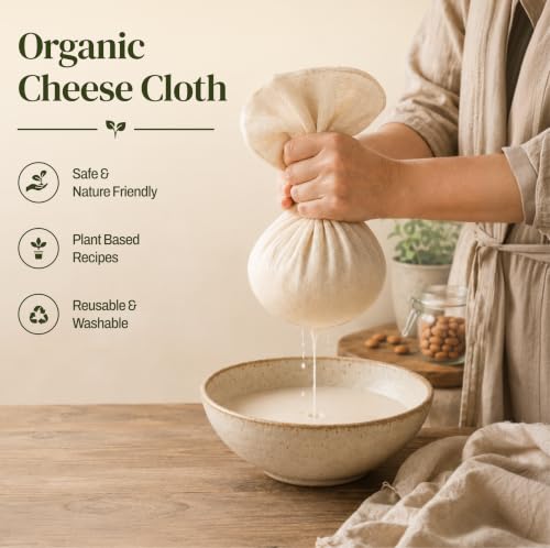Organic Cheesecloth, Grade 120 Extra-Fine Weave, 2 Hemmed Squares, GOTS Certified Unbleached Cotton, Reusable Straining Cloth for Cheese, Nut Milk, Yogurt & Kombucha - size: 2.8 sq ft (2pcs)