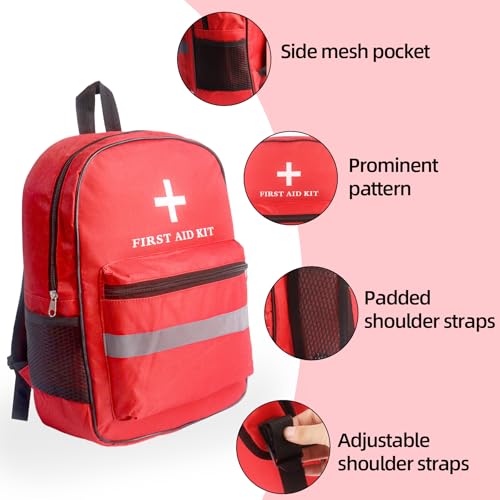 First Aid Bag Empty 4-Piece Set with Large First Aid Backpack, 2 Portable Pouches & Carry Medical Bag for Pet, Car, Travel, Camping, Emergency Supplies Storage (Red Gray)