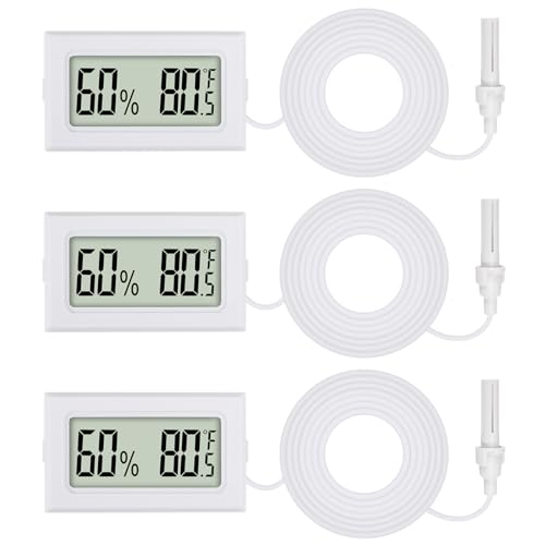 3Pcs Mini Digital Thermometer Hygrometer with Probe Electronic Temperature Humidity Gauge Meters Indoor LCD Display Fahrenheit for Humidors,Greenhouse,Garden,Incubator Reptile Terrarium - color: White-3PCS