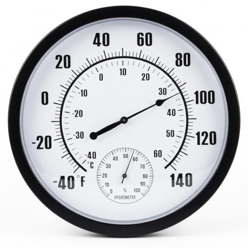 10 Inch Large Indoor Outdoor Thermometer & Hygrometer - Waterproof Analog Wall Thermometer for Patio, Garden, Garage, Greenhouse - Decorative Dial, No Battery Needed, Black