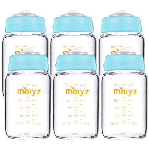 Matyz Glass Breastmilk Storage Bottles, 6 Pack, 6 oz, Compatible with Spectra Medela Breast Pump - Freezer Safe Storage Bottles Set - Wide Mouth Breastmilk Storage Containers - No BPA (Blue Lids) - color: [Pack of 6] Blue Lid - 6 Ounce Clear Borosilicate