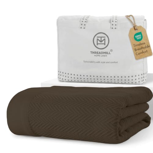 Threadmill Luxury 100% Cotton King Herringbone Blanket, Espresso | All-Season Thermal Blanket, Soft & Breathable, Cozy Moisture-Wicking, OEKO-TEX Certified, Machine Washable, 106x92 in - color: Espresso, size: King (106" x 92")