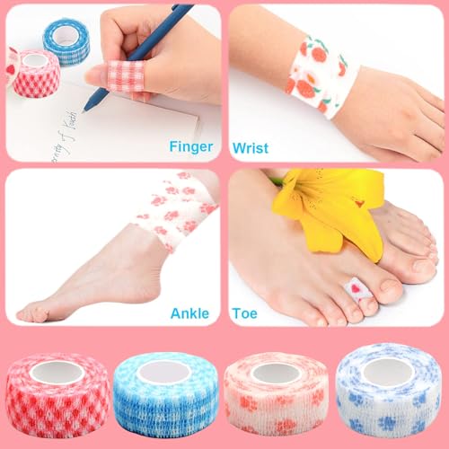 8 Rolls Non-Woven Self Adhesive Bandage Wrap Sweatproof Waterproof Cute Vet Wrap Elastic Cohesive Bandage Wrap for Fingers Ankle Grip Nail Protector Tape Sports Fixing Band Stretch Wrap (Multicolor)