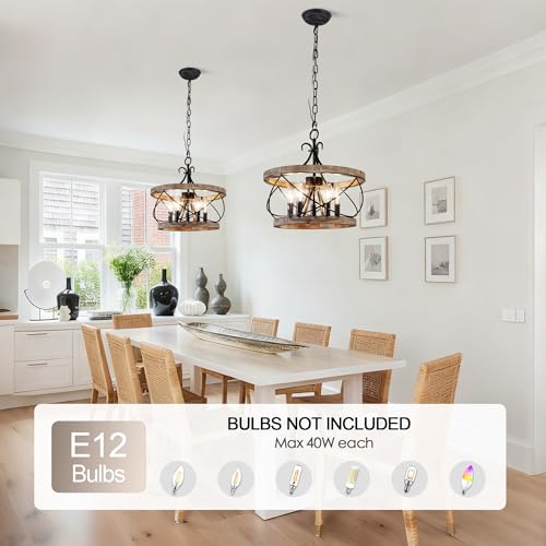 15.7" Farmhouse Chandelier for Dining Room, 5-Light Wood Drum | Rustic Chandelier Dining Room Light Fixture French Country Industrial Pendant Lamp for Living Room Kitchen Island Entryway - color: 15.7" Wood Drum