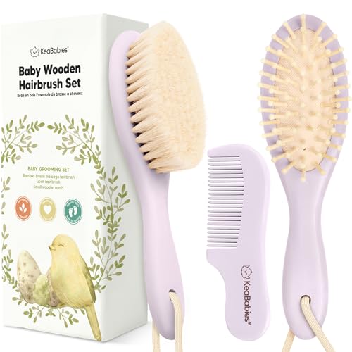 Wooden Baby Hair Brush Set for Newborns, Toddler Comb (Thistle, Regular) | Soft Goat Bristle, Baby Brush and Comb Set, Infant Grooming Kit, Cradle Cap Care, Durable & Gentle, Boy, Girl Bath Essential - color: Thistle, size: Oval, Regular 7"
