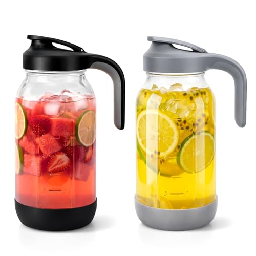 64 oz (2 Qt) Glass Mason Jar Pitcher with Pour Spout Lid & Handle | Airtight Leak-Resistant Flip-Top, Wide Mouth for Ice & Fruit, Non-Slip Silicone Base, Measuring Marks, Water/Iced Tea, 2 Pack - color: Black/Gray, size: 64 Ounces