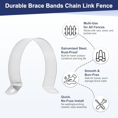 M METERXITY 12-Pack 2" Brace Bands Chain Link Fence Parts | Galvanized Steel Chain Link Brace Band with Bolts and Nuts for Fence, Gate, Posts, Rust-Resistant [Silver] - size: 2"
