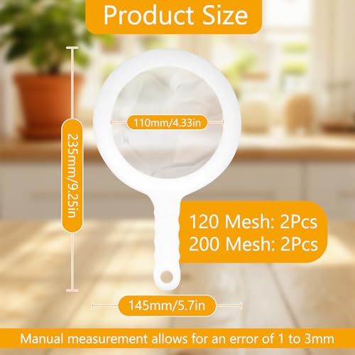 4 Pack Ultra-Fine Nylon Mesh Strainer, Kitchen Colander with Plastic Non-Slip Handle for Filtering Juice, Milk, Soy, Coffee, Honey, Wine, Yogurt (2 Pack 120 Mesh + 2 Pack 200 Mesh) - size: 120&200 Mesh-4pcs