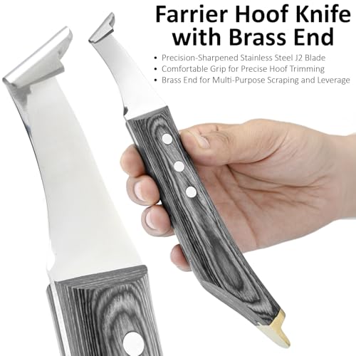 Premium Farrier Loop & Hoof Knife with Brass End – Professional Hoof Trimming Tool for Horses, Cows & Livestock, Stainless Steel Blade, Ergonomic Wood Handle (Black) - color: Black