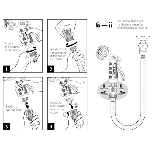 Eden PRO 94830 Metal Rear Trigger 6-Pattern Turbo Nozzle | Heavy-Duty Hose Sprayer for Garden, Lawn, Plants, Outdoor Cleaning, Durable Aluminum Core, Quick Connect Set Bundle - style: Rear Trigger