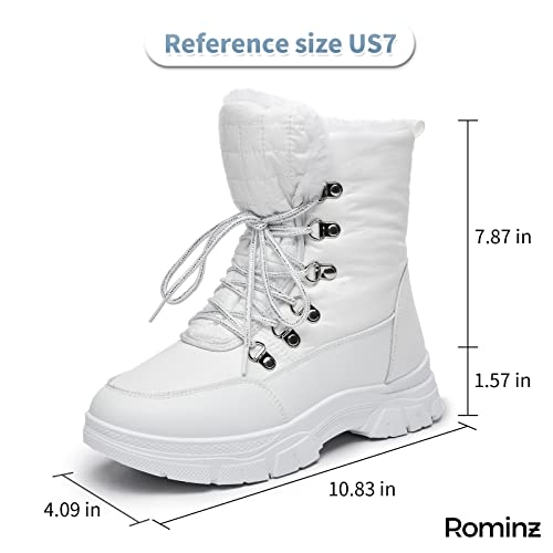 Rominz Womens Winter Snow Boots Outdoor Mid Calf Ankle Booties | Water Resistant, with Zipper, Warm Fur Lined, Anti Slip Sole - color: White, size: 10