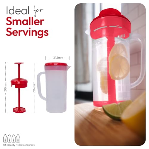 1 Quart Plastic Mixing Pitcher with Mixing Lid, BPA Free, Shatterproof Beverage Jug for Iced Tea, Lemonade, Juices, Milk – Leak-Proof, Easy Stirring, Dishwasher Safe | Red - color: Red, 1qt Mixing Pitcher