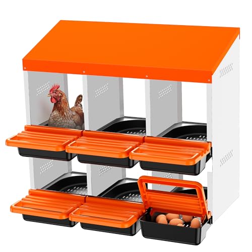 Chicken Nesting Boxes, Roll Away Nest Box for Egg Collector, 6 Holes Orange | Metal Nesting Box for Laying Eggs with Lid Cover to Protect Eggs, Easy Wipe, Slide Out for Quick Bedding Change and Rinse - size: 6 Holes