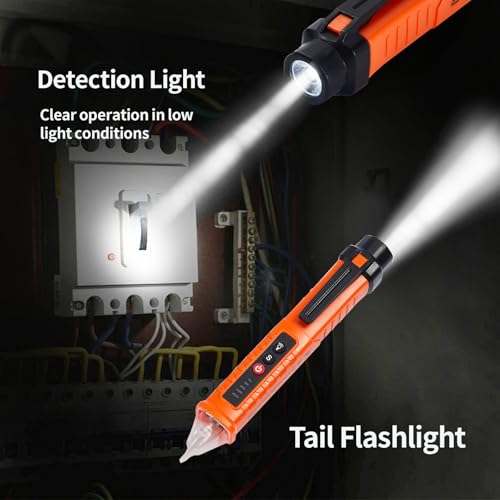 2 Pack Non-Contact Voltage Detector, Voltage Tester Electrical Tester, AC 12V/48V/70V-1000V, Wire Tester with Buzzer Alarm and Flashlight, Wire Breakpoint Finder, Orange & Red