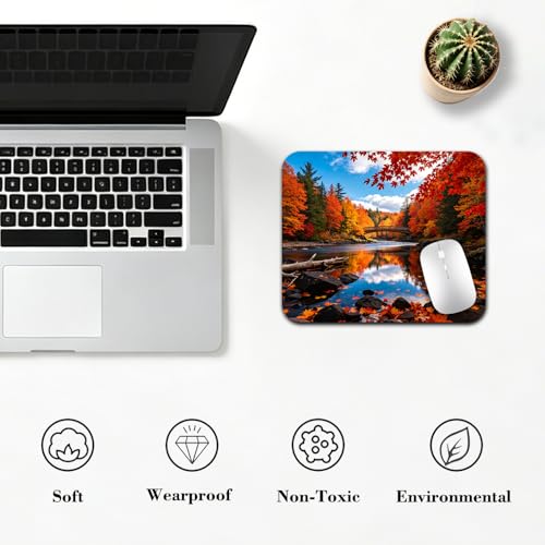 Autumn Forest River with Bridge Mouse Pad 9.5" x 7.9", Red Yellow Fall Maple Leaves Cute Desk Mat, Scenic Landscape - color: Autumn Scenery