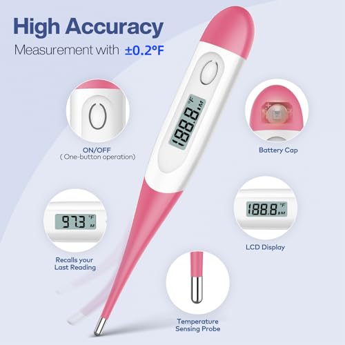 Boncare 10 Seconds Oral Thermometer for Adults and Kids, Pink | Accurate & Safe, Rectal Digital Thermometer for Baby, Fever Alarm - color: Pink
