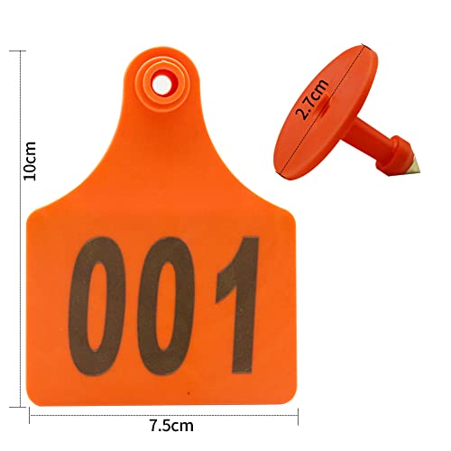 100PCS Cattle Ear Tags 001-100 Numbered Plastic Farm Identification | 4.1x3 Inch Oversize Tags for Cattle Cows Goats Sheep Pigs Hog Calf, Laser Printed Herd Management (001-100, Orange) - color: Orange
