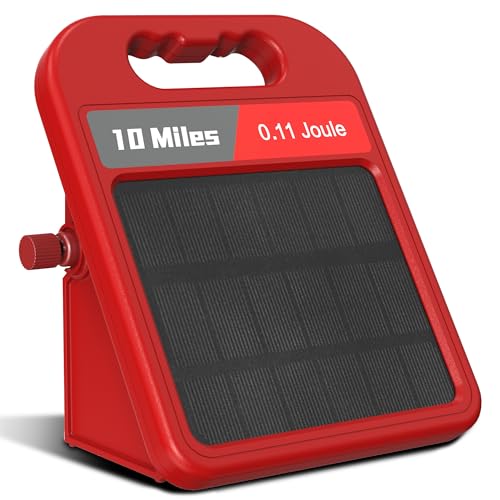 Solar Electric Fence Charger-0.11J-10 Miles, Maximum Output Voltage 8100V- Provide 24-Hour Uninterrupted Protection for Livestock and Yards with Rechargeable Solar Panel Red