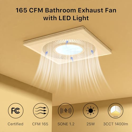 Bathroom 12IN Exhaust Fan with Light 165CFM 3CCT Shower Bathroom Vent Fan with 1400lm Led Light Combo Quiet 1.2 Sones Bath Ceiling vent with Adjustable Led Light (6500k Matte White) | Bathroom Vent Fan with Light Ceiling Mount 3CCT 1400lm LED Light 9.84"x