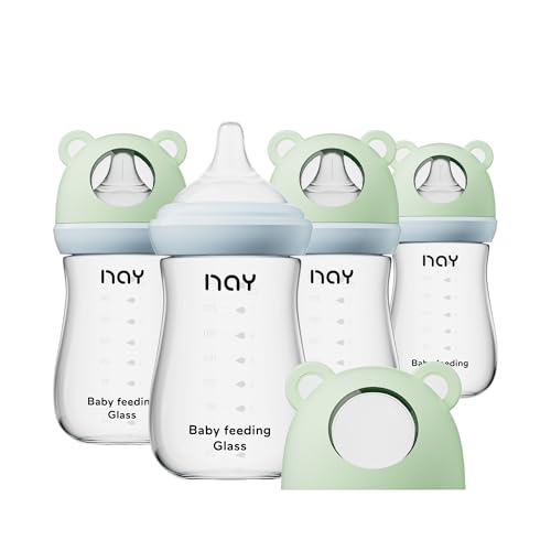 yanyoyo Natural Glass Baby Bottle for Breastfeeding Babies, 8oz Anti-Colic Baby Bottle with Natural Response Nipple(M), Clear, Wide Neck, 4 Pack, 3 Months+ - color: Green, size: 8 Ounce (Pack of 4)