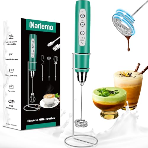 Colarlemo Milk Frother Handheld Rechargeable with Stand, Frother Wand Drink Mixer Electric Whisk for Coffee, Detachable With 3 Stainless Whisks, Hand Mixer for Lattes, Cappuccino, Matcha, Egg, Green - color: Green, style: with stand