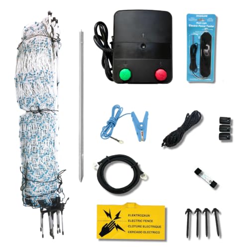 Starkline Electric Poultry Netting Kit - AC Energizer (48" x164' White/Blue Poultry Netting) (12/48/3) All-in-One Electric Fence Kit for Backyards, Homesteads, Ranches or Farms