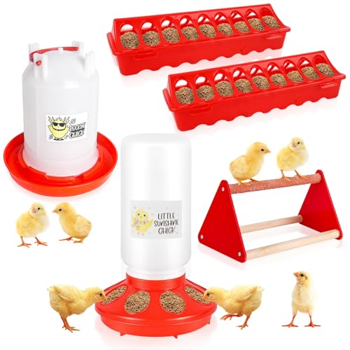 Chicken Feeder and Waterer Set with Chick Perch, Cool Baby Chick Feeder and Waterer Set, Chick Waterer, Baby Chicken Supplies for Small Poultry Chicks Ducks Quail Pigeons Birds(RED)
