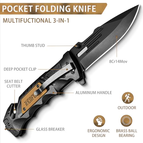 NedFoss Pocket Folding Knife DA75 Mini, 3 in 1 Pocket Knife Gifts for Men | 2.95 Inch Survival Knife w/ Liner-Lock, Seat Belt Cutter, Glass Breaker, Hunting knife for Camping, Christmas Gift for Women - color: Black-Mini2.95“