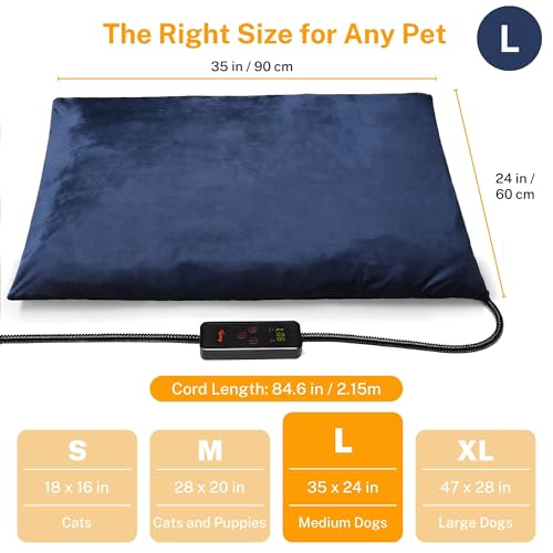 Toozey Large Pet Heating Pad, 6 Adjustable Temperature Dog Cat Heating Pad with Timer, Waterproof Heated Dog Bed with Chew Resistant Cord, Indoor Electric Pet Heated Mat 35x24in - color: Navy Blue, size: 35.0"L x 24.0"W x 0.6"Th