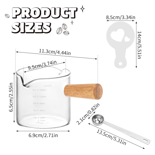 Espresso Shot Glass, 5OZ/150ML Dual Scale Measuring Cup with Wooden Handle, Heat Resistant Espresso Cappuccino Shot Cups with Double V-Shaped Spouts for Coffee Milk Tea Bar Serving