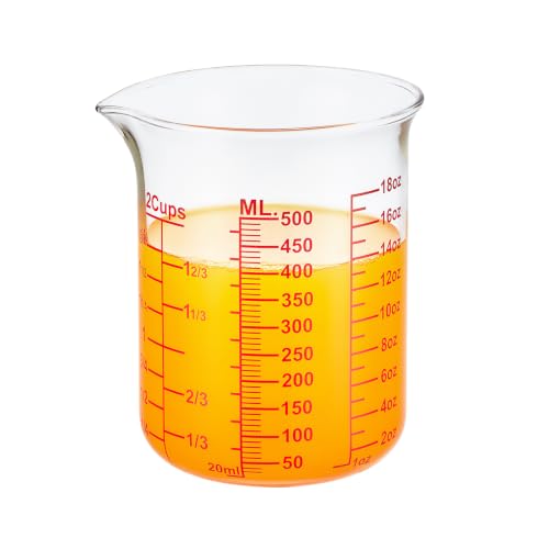 Ackers BORO3.3 Borosilicate Glass Measuring Cup, 500 ml (16 oz, 2 Cup) | Handleless beaker with printed ml, oz and cup scales and a V-shaped spout for clear measuring and controlled pouring - size: 2Cup,500ML