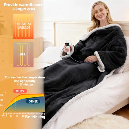 Wearable Heated Blanket With Sleeves & Foot Pocket, Heated Throw Blankets Fast Heating Blanket With 10 Heat Settings Auto Shut Off Over-Heat Protection-Warm Gift, Machine Washable, 52”*72”+18” - color: Black
