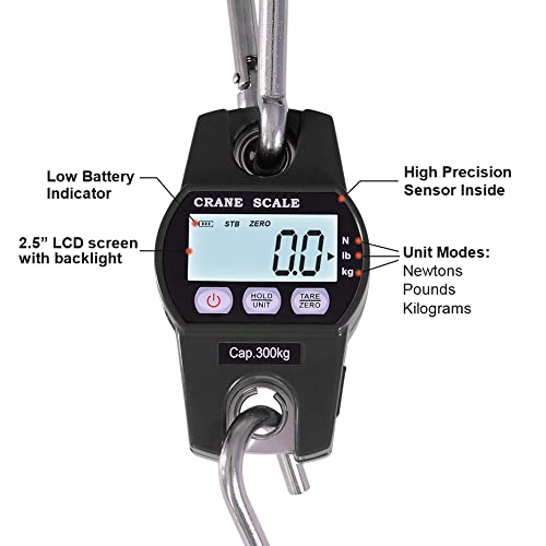 Fuzion Hanging Scale 660LB - Heavy Duty Crane Scale with Aluminum Body | Stainless Steel Hook, Hold/Tare Function, Large Display, Digital Hanging Scales for Weighing Animals, Hays, Fish, Luggage - color: Black, size: 660LB