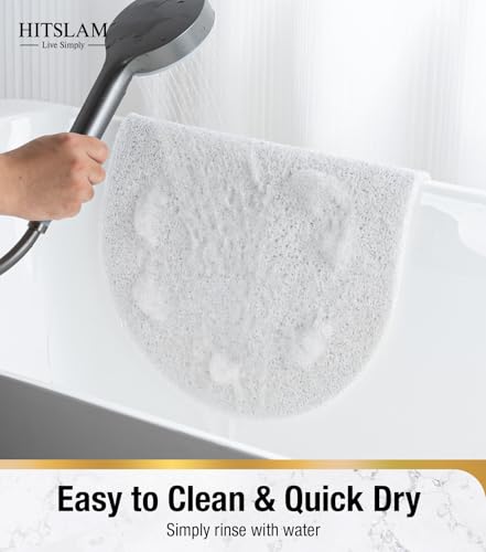 HITSLAM Oval Loofah Shower Mat Non Slip, 27x16 Inch, White | Bath Mat for Textured Tub & Inside Shower Stall, No Suction Cups Quick Drying PVC Porous Floor Mat, Soft Foot Exfoliating - color: White