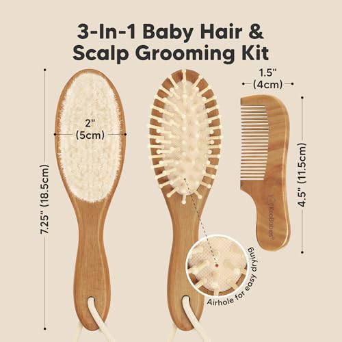 Wooden Baby Hair Brush Set for Newborns, Toddler Comb (Golden Oak, Regular) | Soft Goat Bristle, Baby Brush and Comb Set, Infant Grooming Kit, Cradle Cap Care, Durable & Gentle, Boy, Girl Bath Essential - color: Golden Oak, size: Oval, Regular 7"