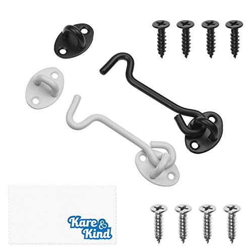 Kare & Kind Hook and Eye Latch (4-inch) - with Mounting Screws - Heavy Duty Locks for Door, Gates, Barns, Bathrooms, Cabins (1-White, 1-Black) - style: 1-White, 1-Black