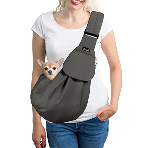 SlowTon Dog Carrier Sling - Thick Padded Shoulder Strap Adjustable, Grey S | Dog Carriers for Small Dogs, Puppy Carrier Purse for Pet Cat with Front Zipper Pocket Safety Belt Machine Washable - color: A-Grey Cotton Fabric