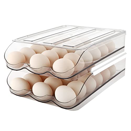 MesRosa Egg Holder for Fridge, Automatic Rolling Container Storage 36 Eggs | Clear Large Capacity Egg Organizer for Refrigerator with Lid, Stackable Dispenser, Tray & Bin, Saving Space -2 Layer - size: 2 Layers Holder 36 Eggs