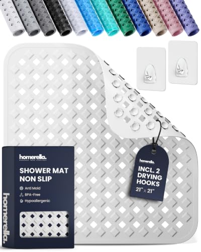 homerella Square Shower Mat Non Slip Anti Mold 21x21 Anti Slip Shower Mat | 100% BPA Free, Mildew Resistant, Machine Washable, Shower Mats for Inside Shower, Shower Floor Mat Mat Non Slip EU Certified - color: White