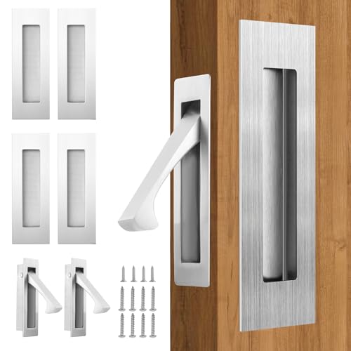 bealy Pocket Door Handles and Edge Pull Matte, 2 Set 6 Inch Pocket Door Hardware, Pocket Door Latch, Pocket Door Pull Recessed Finger Flush Pulls for Closet, Sliding, Barn Door (304 Stainless Steel) - color: Brushed Nickel, size: 2 Set（2 Recessed Pull Han