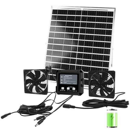 Solar Fan for Chicken Coop with Battery, Dual Solar Exhaust Fan Kit, 3 Smart Modes Controller (Continuous/Timer/Motion Sensor), Solar Powered Vent Fan for Coop, Shed & Greenhouse Cooling