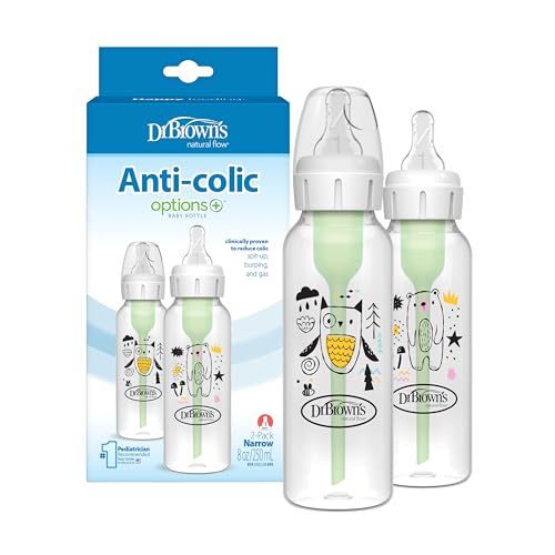 Dr. Brown's Anti-Colic Options+ Narrow Baby Bottle, Bear Owl, 2-Pack - color: Pink & Blue (Bear & Owl), size: 1 Count (Pack of 2)
