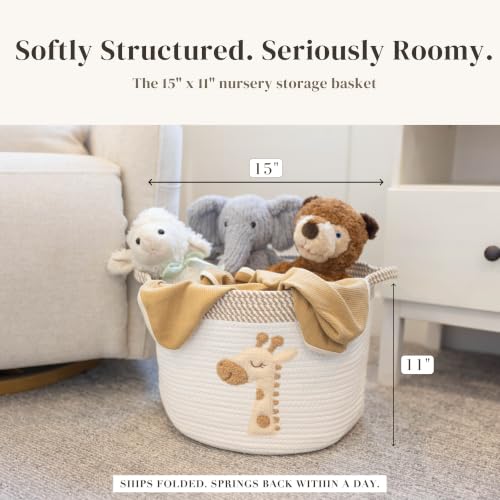 Giraffe Baby Storage Basket, Woven Cotton Rope Nursery Bin, 15x11 in | Stuffed Animal and Blanket Storage, Soft Felt Giraffe Patch, Safari Nursery Decor, Baby Shower, Kids Playroom Organizer - color: Giraffe