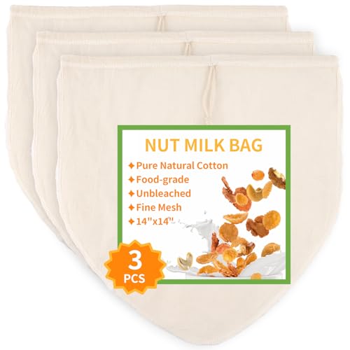 3 Pcs 14"x14" Nut Milk Bag, Cheesecloth Cheese Cloth Bag for Straining | Natural Unbleached Cotton Reusable Strainer Bag for Oat Almond Milk, Cheese Making, Yogurt, Juice, Cold Brew Coffee, Beer Tea - size: 14x14 Inch