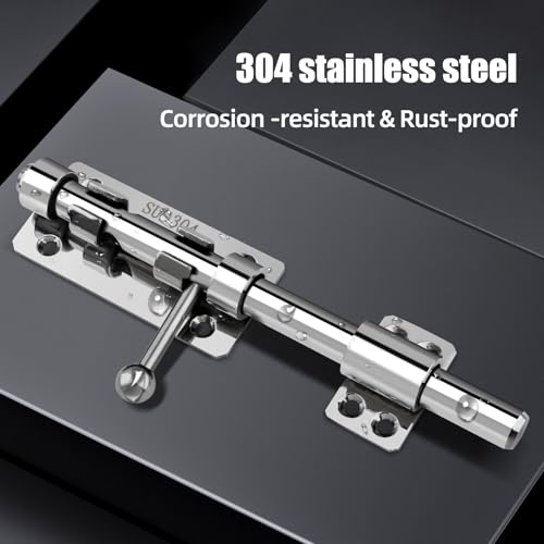 Barrel Bolt Latch, 7.9" Heavy Duty Gate Latch Slide Lock Solid 304 Stainless Steel Bolt Lock for Inside Door, Finished Shed Door Latch (Silver) - color: Silver 8inch