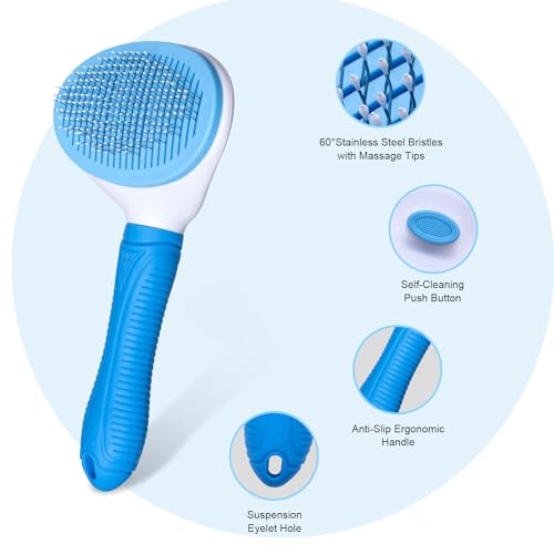 Aogeili Self-Clean Slicker Brush, Deshedding Comb for Dogs Cats Rabbits | One-Click Release Removes Loose Undercoat, Mats & Tangles, for Long & Short Hair Shedding Pets - color: Blue