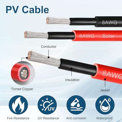 10 FEET 8AWG Solar Panel Extension Cable,8 Gauge Extension Cord, Solar Panel Wire with Extra Fair of Female and Male Quick Connectors Solar Adapter for RV, Off-Grid Systems (10FT Red + 10FT Black) - size: 10FT-8AWG