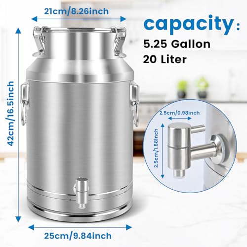 304 Stainless Steel 20 Liter Milk Can, 5.25 Gallon Wine Pail Bucket with Spigot and Sealed Lid, Heavy Duty - size: 20L
