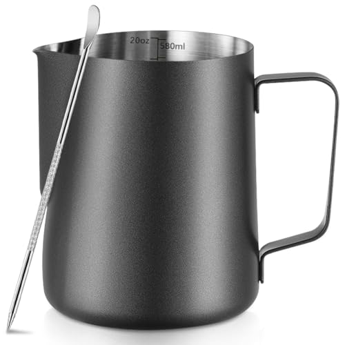 Frothing Milk Pitcher, 20 oz/600 ml Stainless Steel Frothing Milk Jug with Latte Art Pen,with Internal Measurements, for Cappuccino, Espresso and More - color: Black
