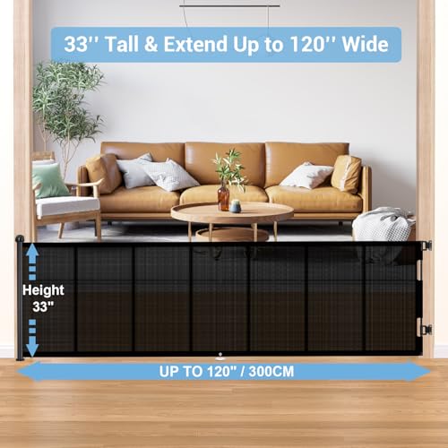 HAMOPY 120 Inch Reinforced Strip Extra Wide Retractable Baby Gate, 33" Tall, Prevent Crawling Through, Wide Extra Long Child Safety Gate for Indoor Baby Fence, Outdoor, Stairs, Deck(Black) - color: Bk-l